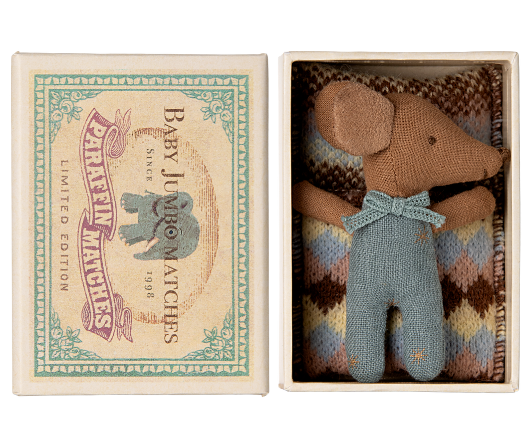 Sleepy Wakey Baby Mouse in a Matchbox in Blue
