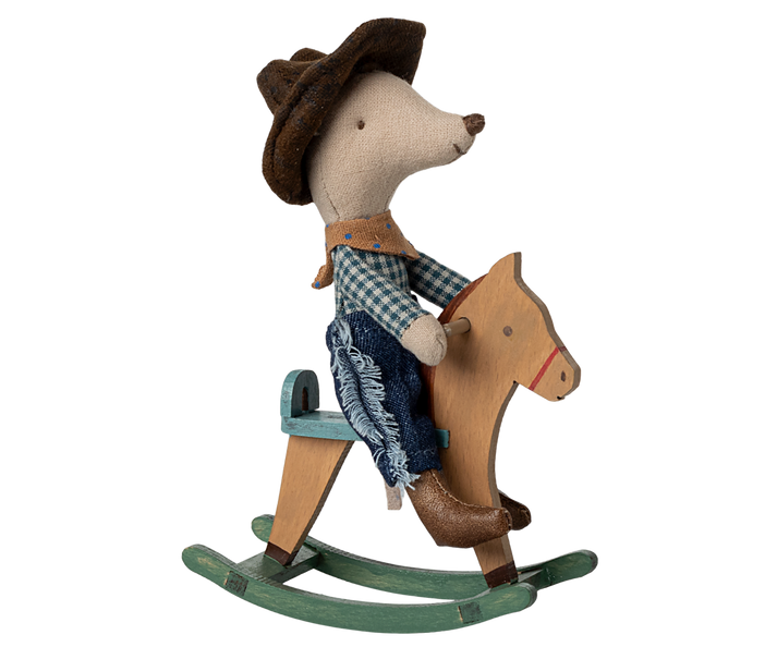 Cowboy mouse on rocking horse, little brother